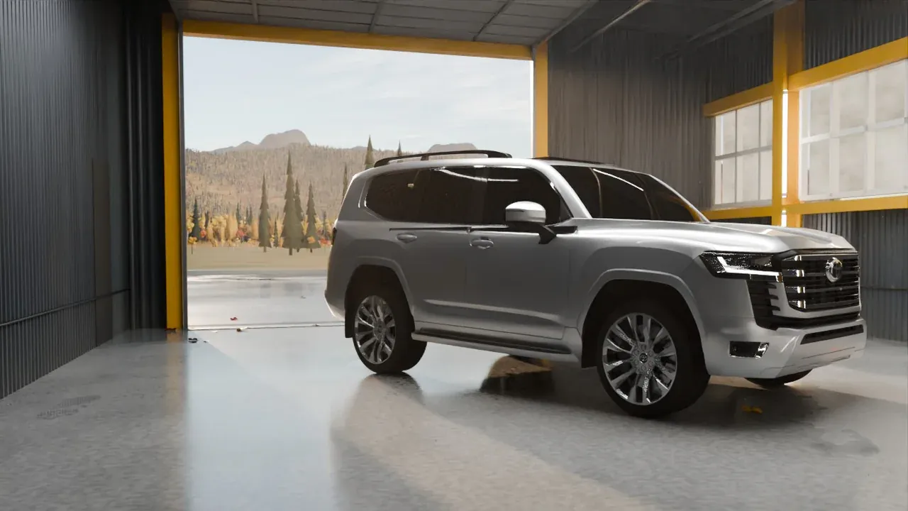 Land Cruiser 300 в боксе детейлинг-центра, кадр 3D-сцены
